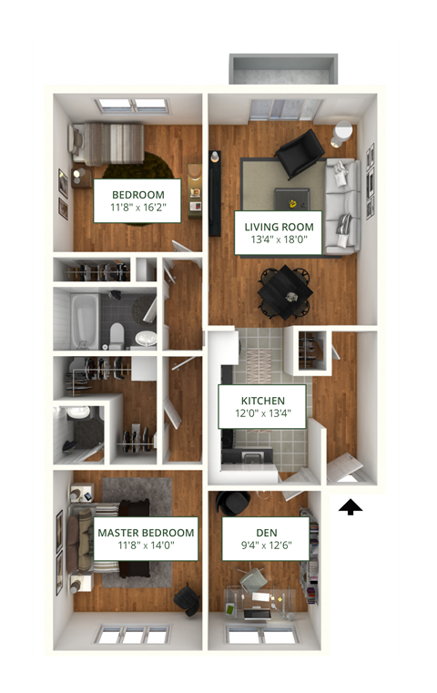 Floor plan for 2 beds, 1 bath, 1000 sqft